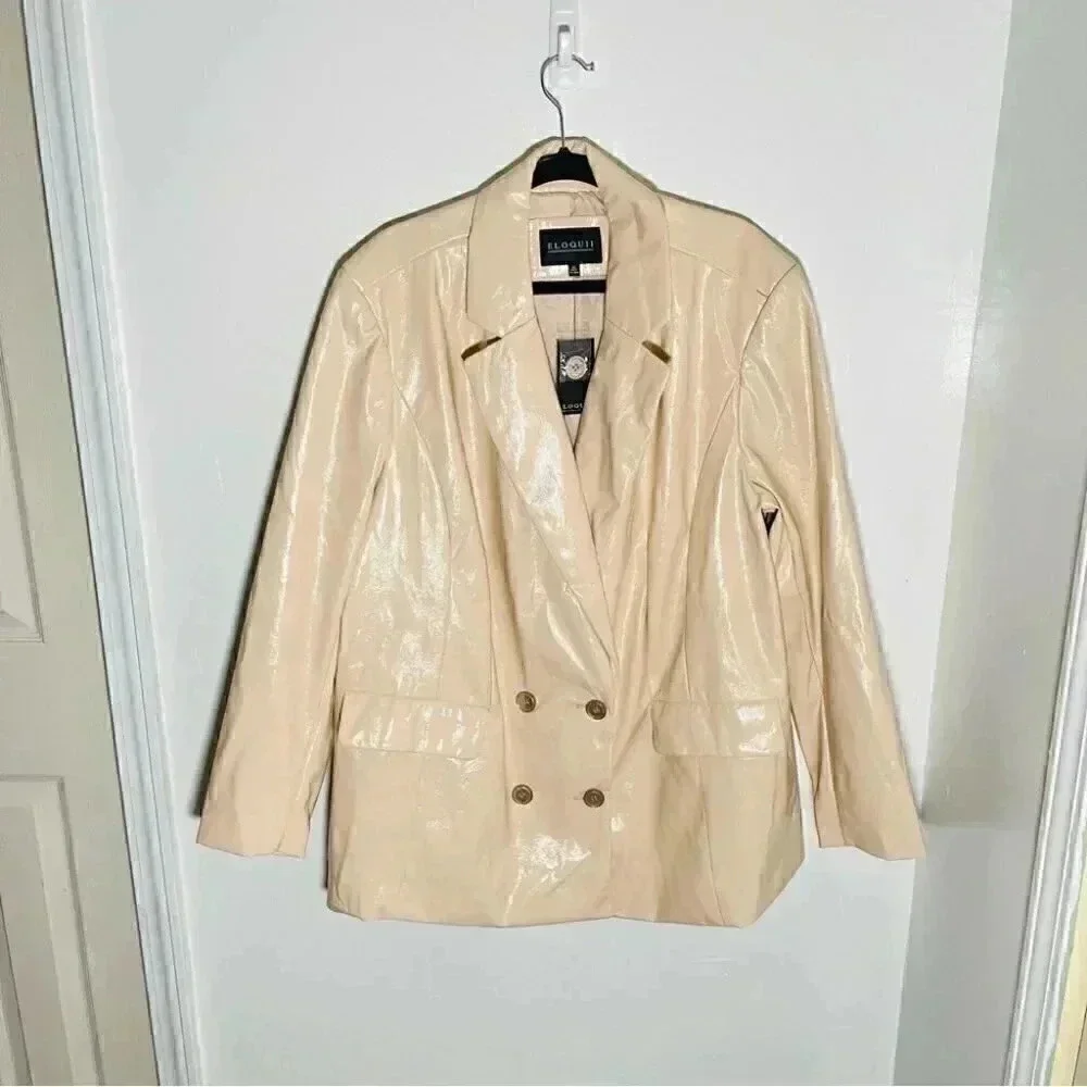 NWT Eloquii Patent Faux Leather Blazer Macadamia